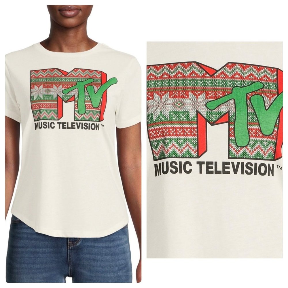 NWT MTV Women's Holiday Logo T-Shirt –‎ Green & Red Christmas Tee, Size Medium